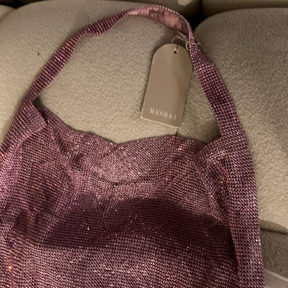 Meshki- Pink Diamante Mesh Halter Mini Dress Low Back Medium - Picture 9 of 12